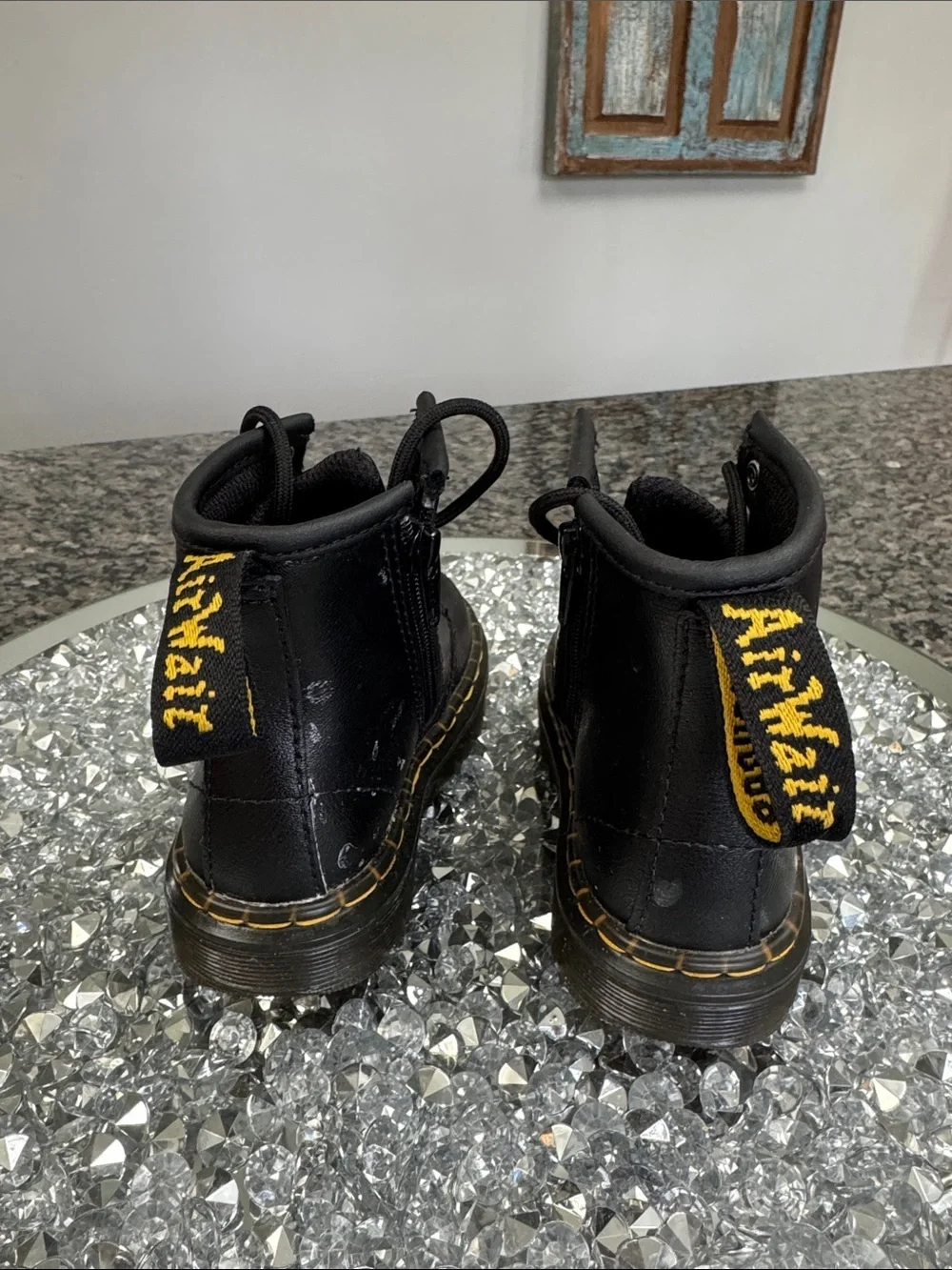 Dr. Martens Black Leather Lace-Up Boots with Yellow Accents EUC 7 toddler